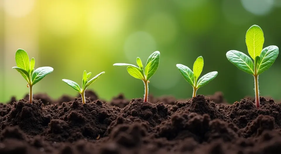 Composição de sementes germinando em diferentes estágios: sementes secas, sementes recém-germinadas com radículas emergindo, plântulas jovens com cotilédones, e mudas com primeiras folhas verdadeiras. Ferramentas de jardinagem organizadas ao lado: pequeno regador, etiquetas de identificação, bandeja de semeadura. Luz natural suave iluminando a cena, fotografia profissional com foco seletivo e alta qualidade