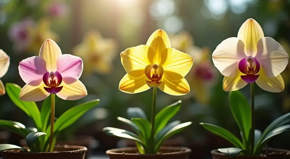 "Processo de propagação de orquídeas mostrando diferentes métodos: uma orquídea Phalaenopsis com keiki se desenvolvendo no caule floral, uma divisão de Cattleya mostrando pseudobulbos sendo separados, e pequenos frascos de laboratório com protocormos verdes de orquídeas crescendo em meio de cultura. Luz natural suave, fundo levemente desfocado com outras orquídeas floridas, fotografia profissional com foco seletivo."